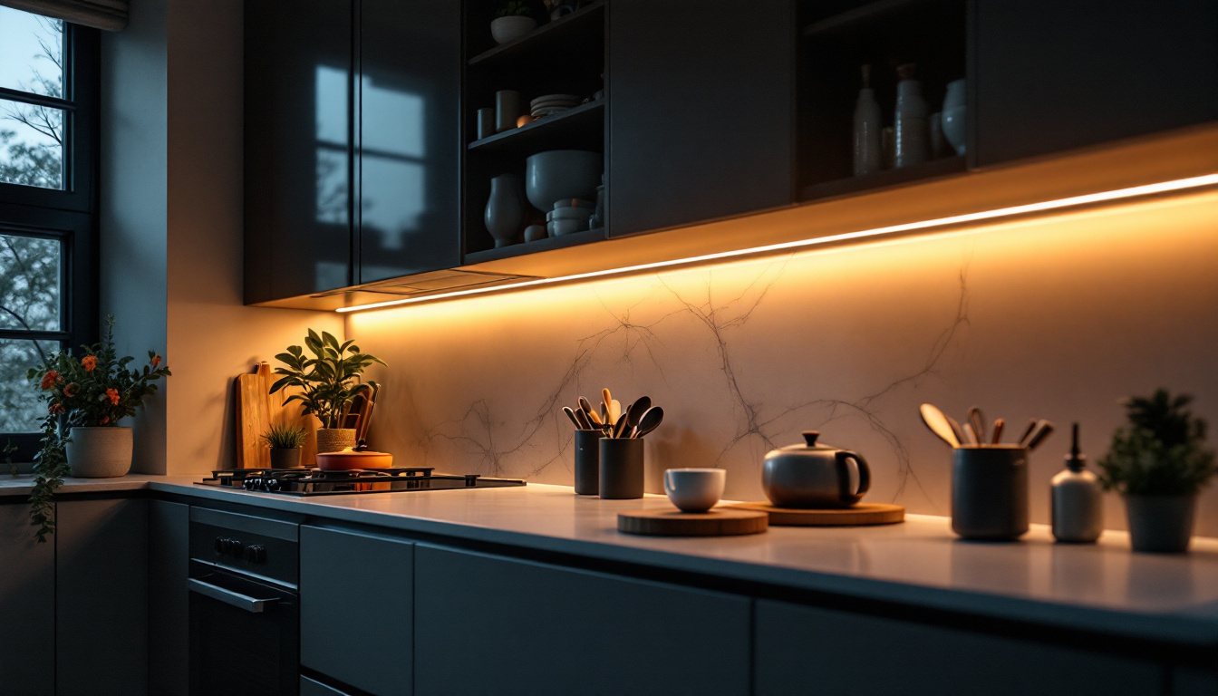 A photograph of a modern kitchen showcasing sleek under-cabinet lighting illuminating the countertop