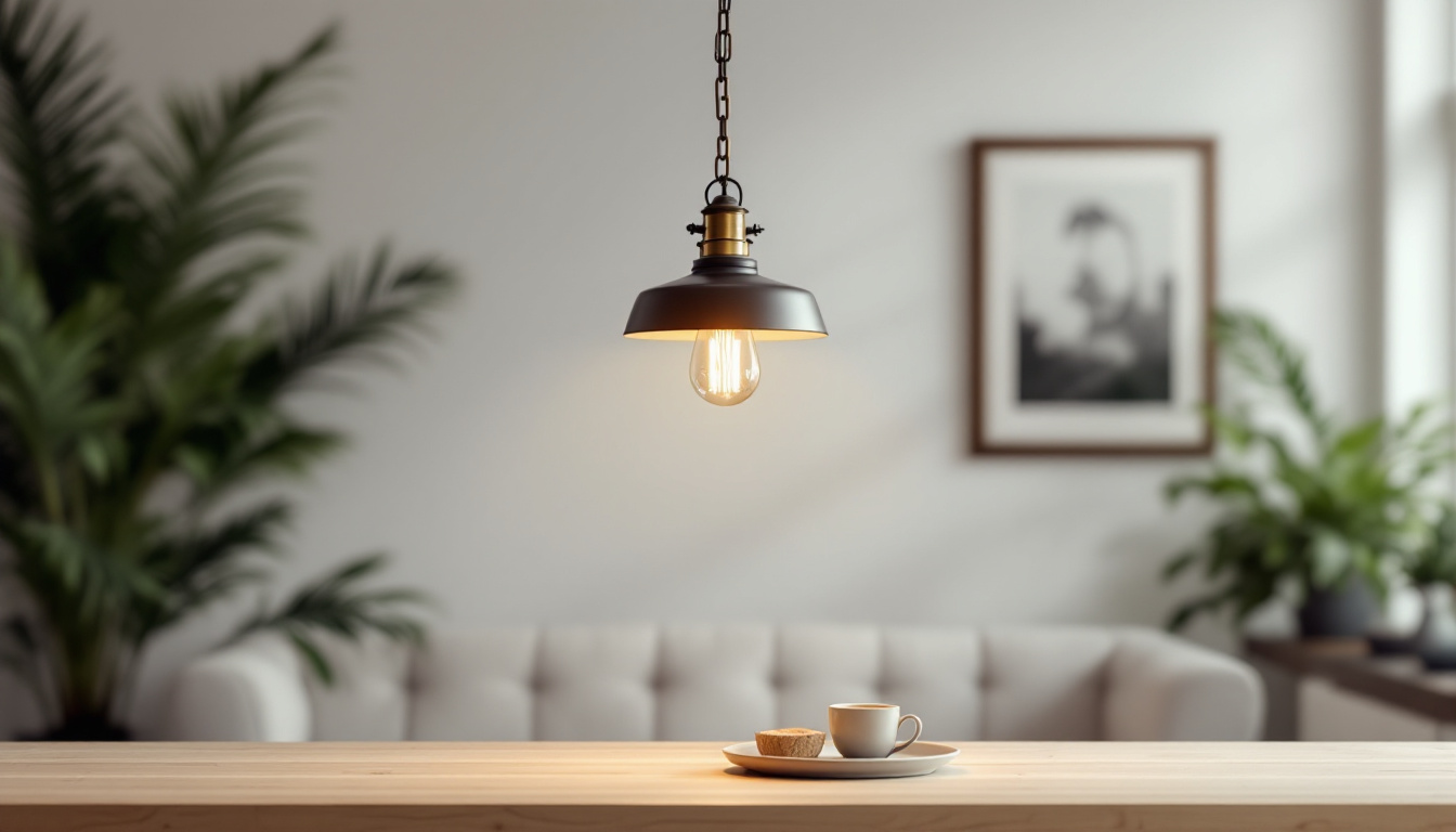 A photograph of a beautifully styled interior featuring a chain pendant lamp as the focal point