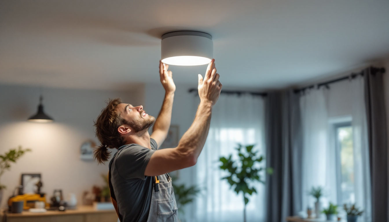 A photograph of a person skillfully replacing a canned light fixture in a modern home setting