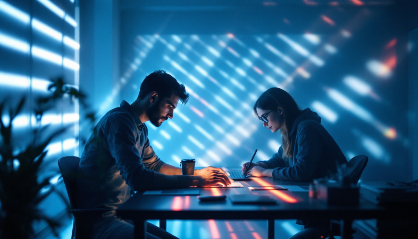 A photograph of a workspace illuminated by dynamic light stripes