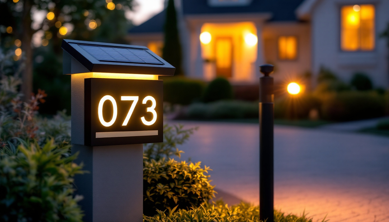 A photograph of a solar lighted address sign illuminated at dusk