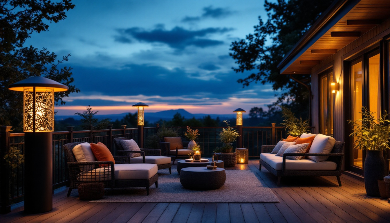 A photograph of a beautifully lit outdoor deck scene at dusk