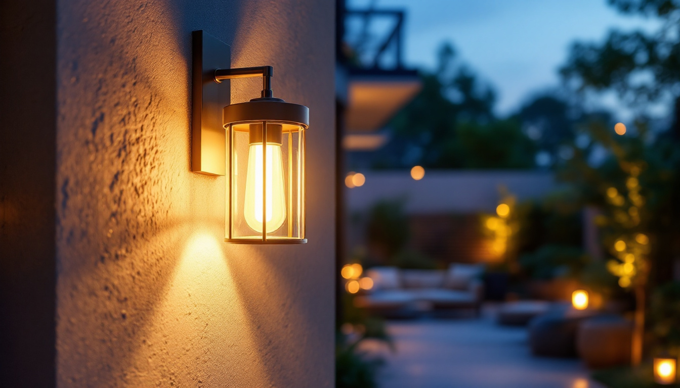 A photograph of a beautifully designed exterior sconce light illuminating a stylish outdoor setting
