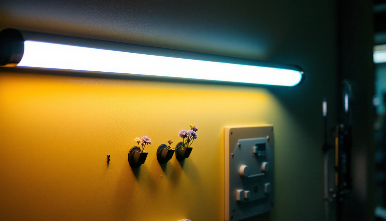 A photograph of capture a photograph of a vibrant fluorescent light source illuminating a workspace