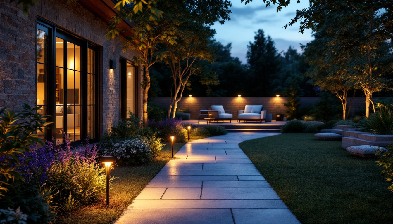 A photograph of a beautifully illuminated outdoor space featuring led solar lights in various settings