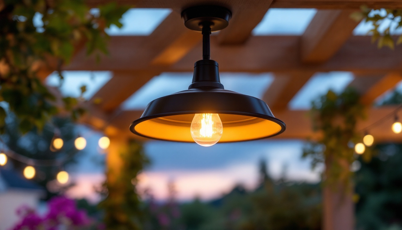 A photograph of a beautifully designed outdoor ceiling fixture illuminated at dusk