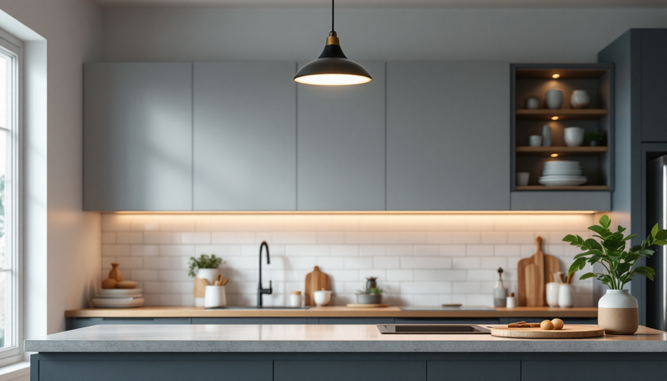 A photograph of a beautifully designed kitchen featuring a stylish semi-flush mount light fixture