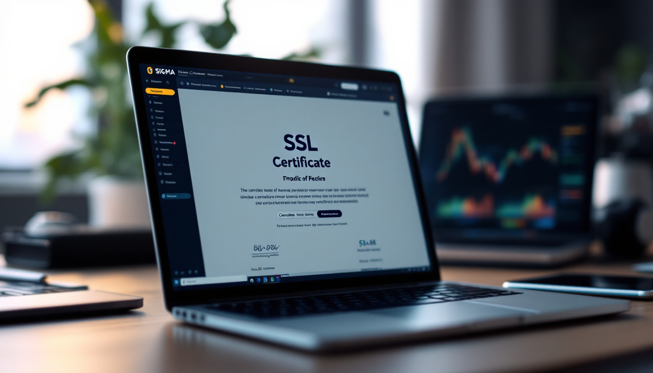 A photograph of a professional-looking ssl certificate prominently displayed on a desk
