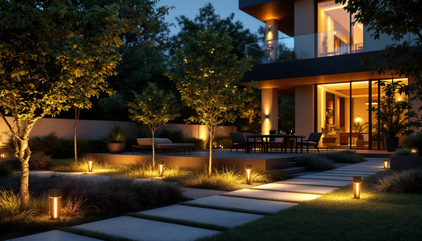 A photograph of a beautifully illuminated exterior space featuring stylish post lighting fixtures that enhance the ambiance of a modern outdoor setting