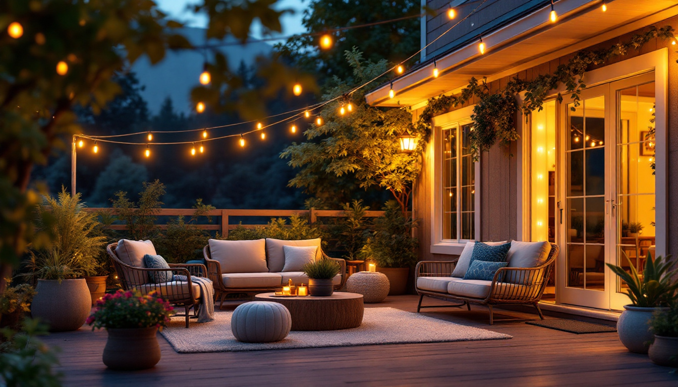 A photograph of a cozy outdoor patio scene illuminated by warm led string lights
