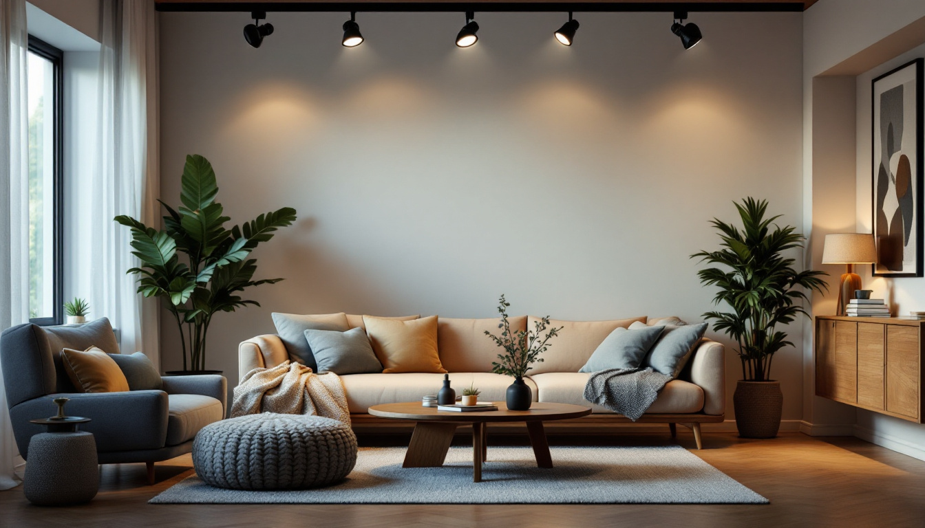 A photograph of a stylishly arranged room featuring various types of track light bulbs in use