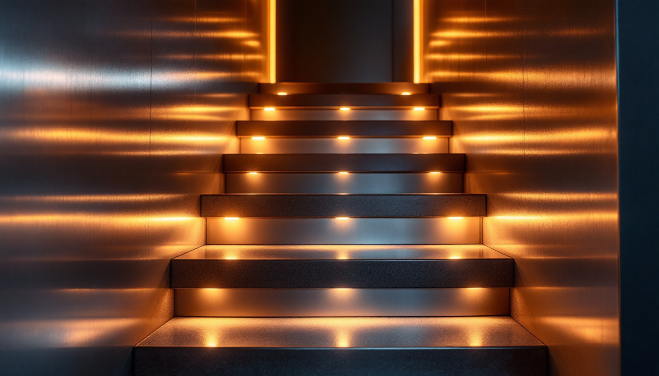 A photograph of a modern indoor setting featuring sleek metal stairs illuminated by warm led lights