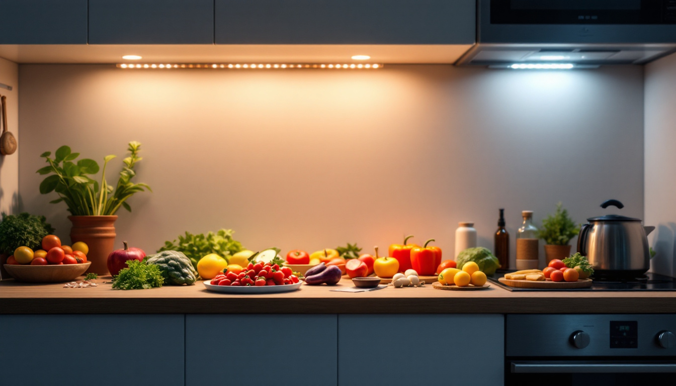 A photograph of a beautifully lit kitchen showcasing under cabinet led lights illuminating the countertop