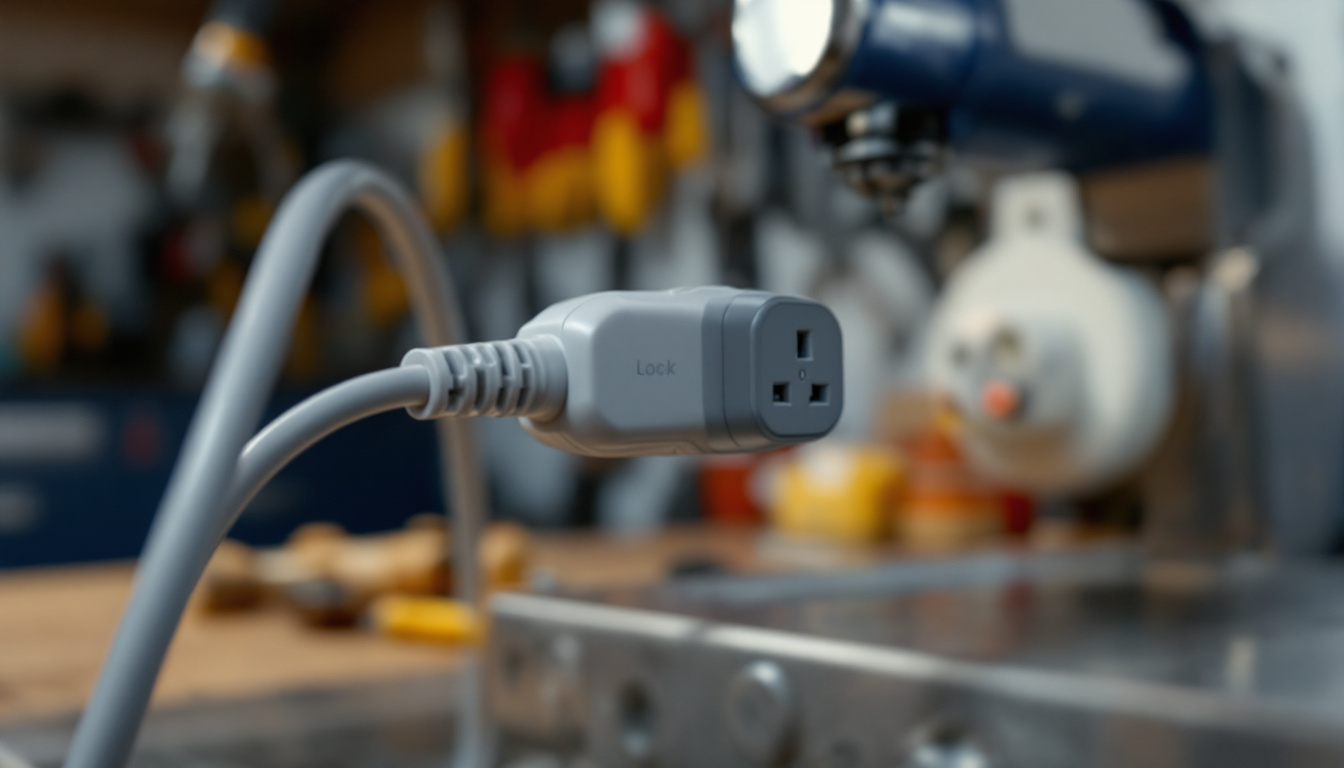 A photograph of a close-up of a lockable plug in use