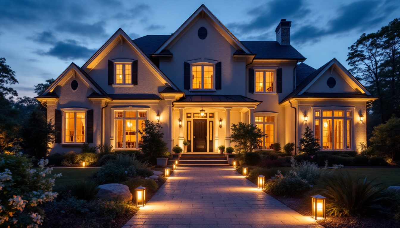 A photograph of a beautifully illuminated exterior home at dusk
