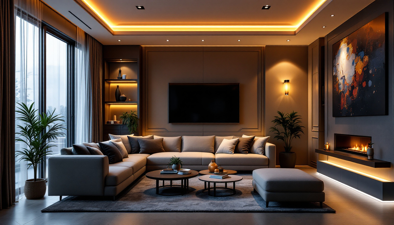 A photograph of a stylish living room featuring well-designed recessed lighting
