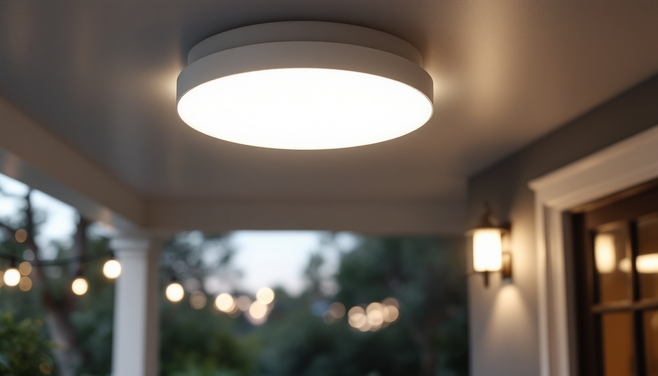 A photograph of a beautifully designed exterior flush mount ceiling light installed on a porch or patio