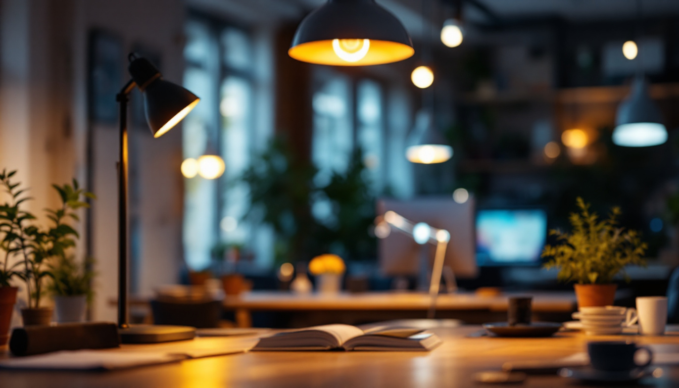 A photograph of a well-lit workspace featuring led t8 bulbs in use