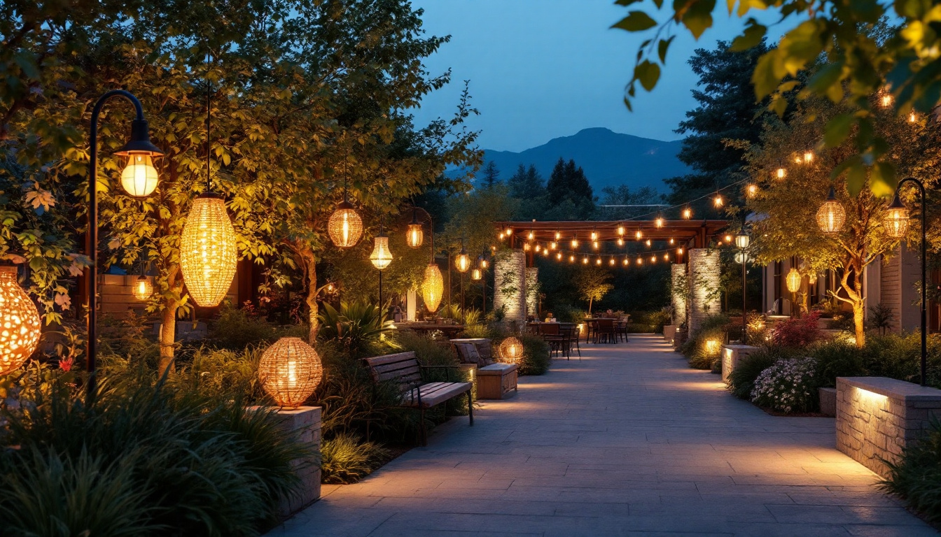 A photograph of a beautifully illuminated outdoor space featuring various big outdoor lights in action