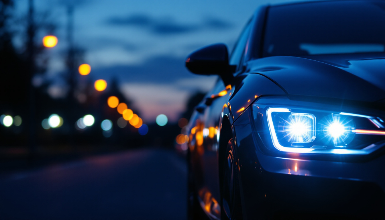 A photograph of a parked car at dusk with its parking lamps illuminated