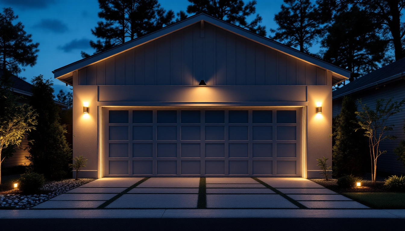 A photograph of a beautifully illuminated exterior garage showcasing various stylish lighting options