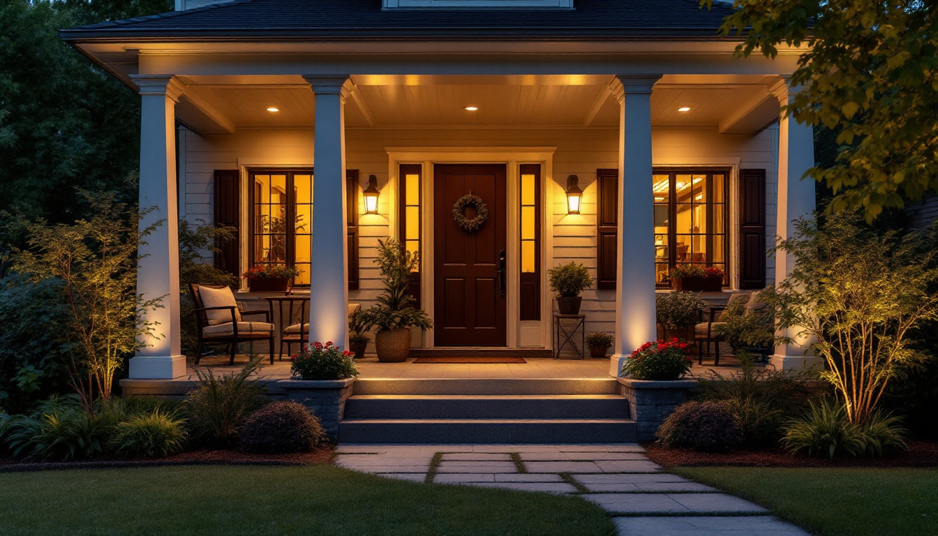 A photograph of a beautifully illuminated front porch showcasing modern outdoor lighting designs