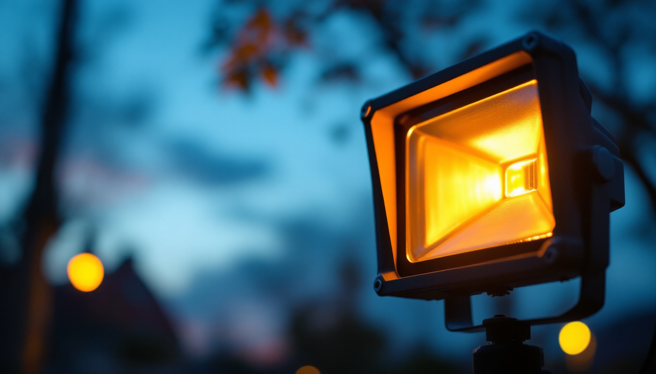 A photograph of a close-up of a floodlight in use during twilight