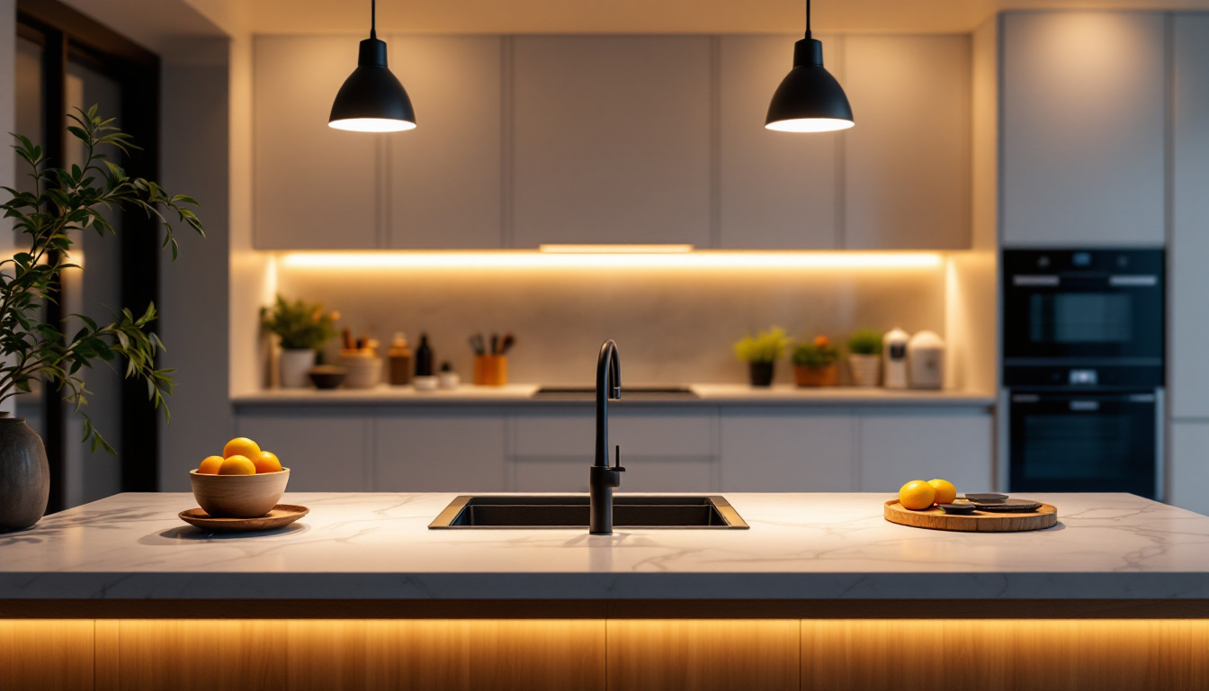A photograph of a beautifully lit kitchen island featuring a mix of ambient