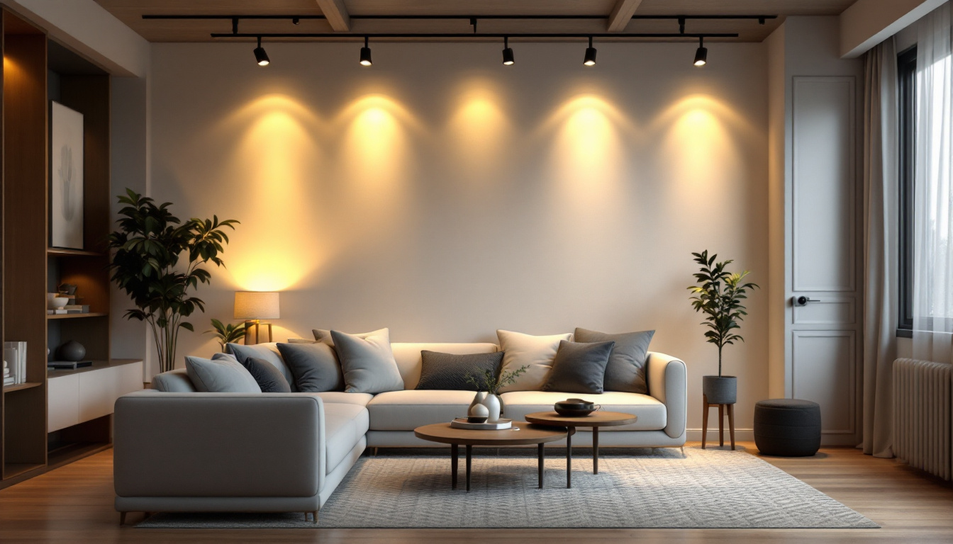 A photograph of a stylish modern living space featuring various types of track lighting