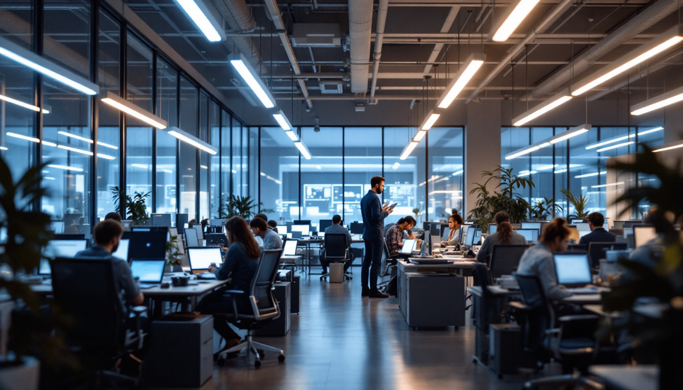 A photograph of a modern office environment illuminated by bright