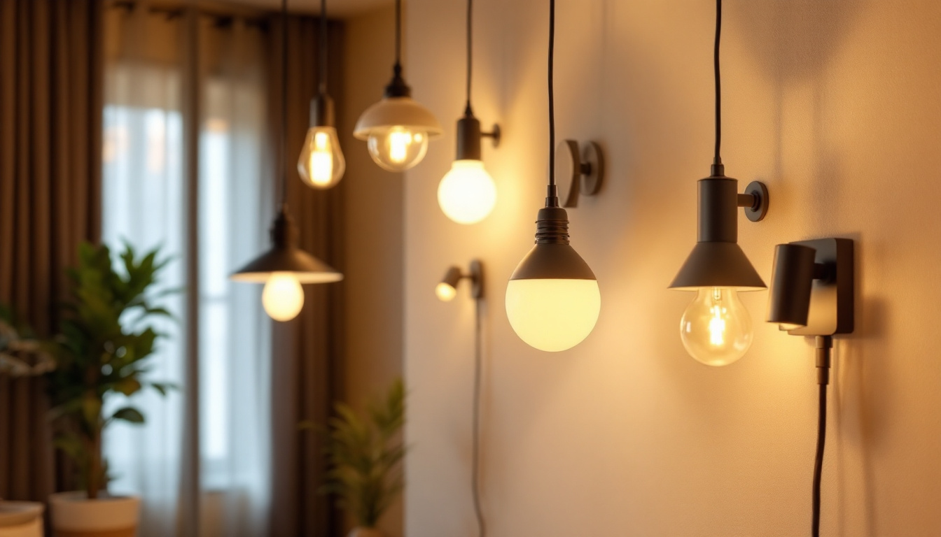 A photograph of a modern residential or commercial lighting setup showcasing a variety of light fixtures with clear lumens ratings displayed