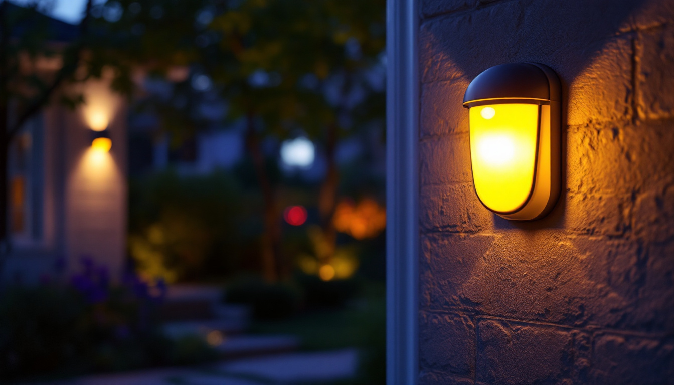 A photograph of a beautifully illuminated motion-activated porch light in a residential setting during twilight