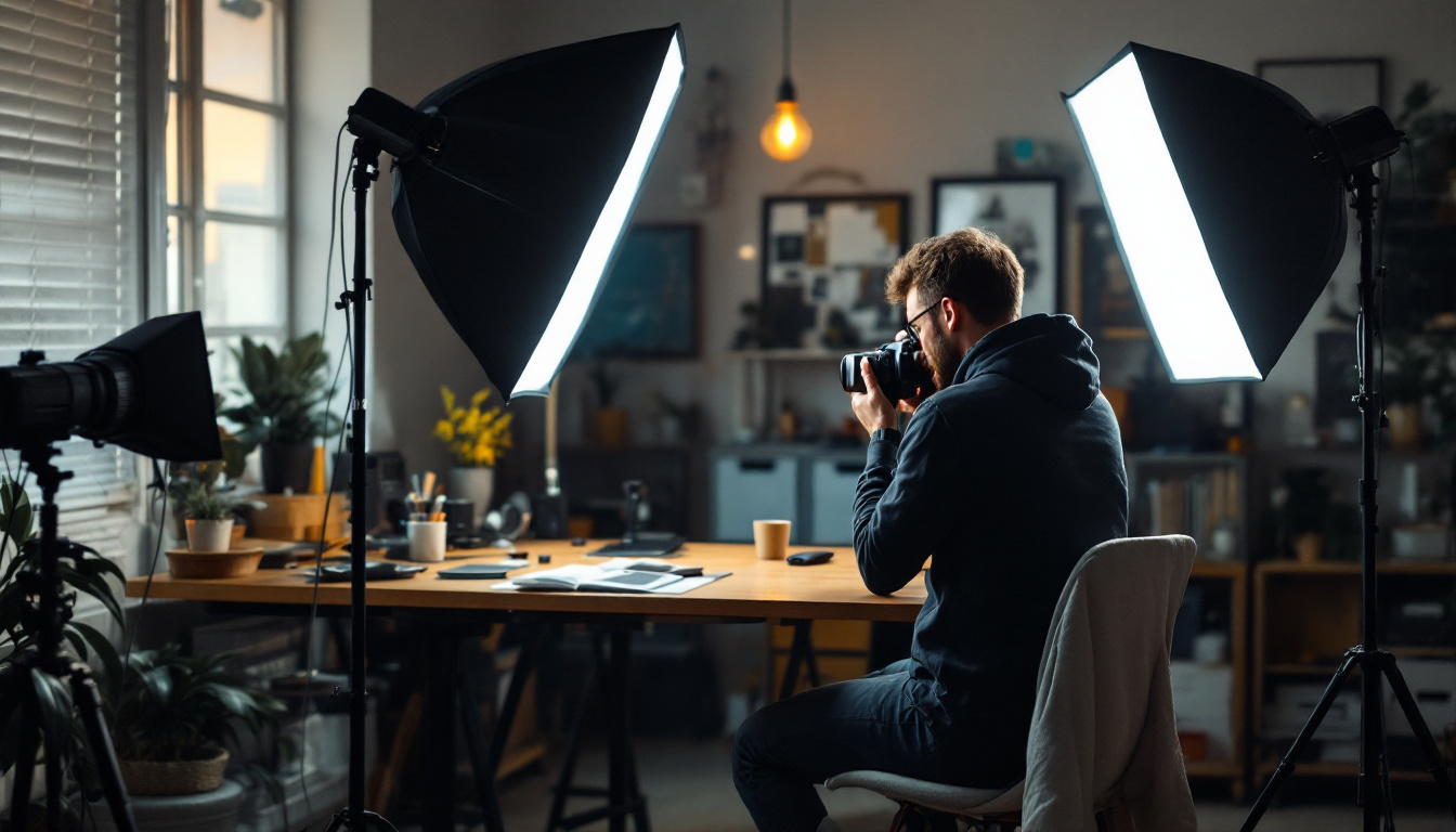 A photograph of a well-lit lighting box setup in a creative workspace