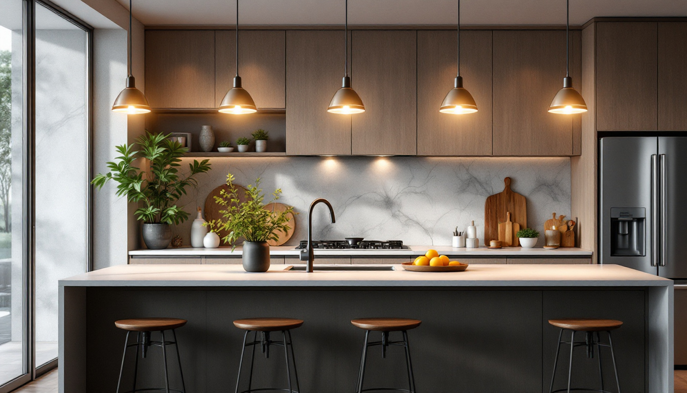 A photograph of a stylish kitchen featuring modern pendant lights that highlight the space's contemporary design