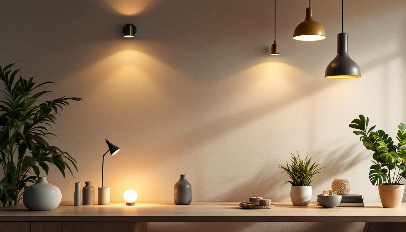 A photograph of a stylish and modern interior space featuring a variety of simple light fixtures