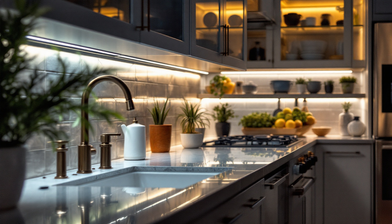 A photograph of a beautifully illuminated kitchen or workspace featuring stylish undercounter lighting that highlights the countertops and enhances the overall ambiance