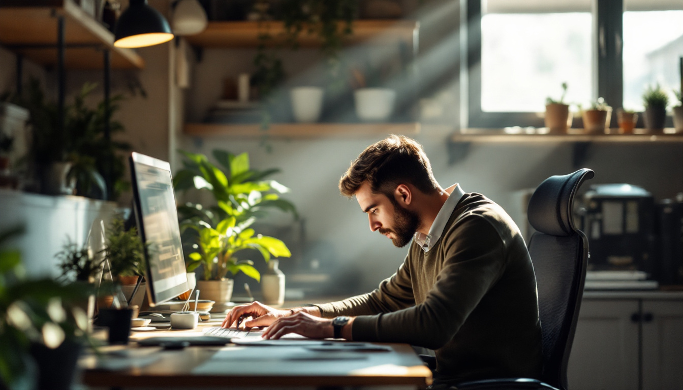 A photograph of a well-lit workspace featuring a person engaged in a focused task