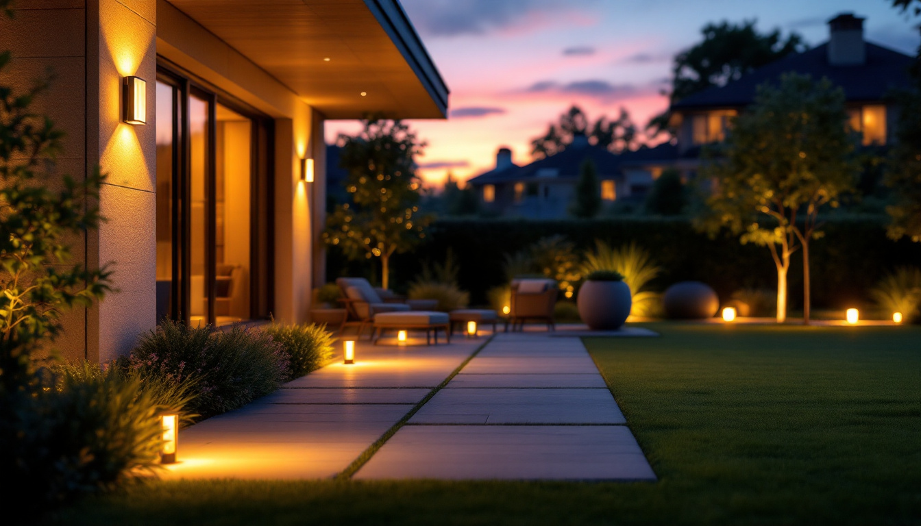 A photograph of a beautifully illuminated outdoor space featuring various exterior led fixtures