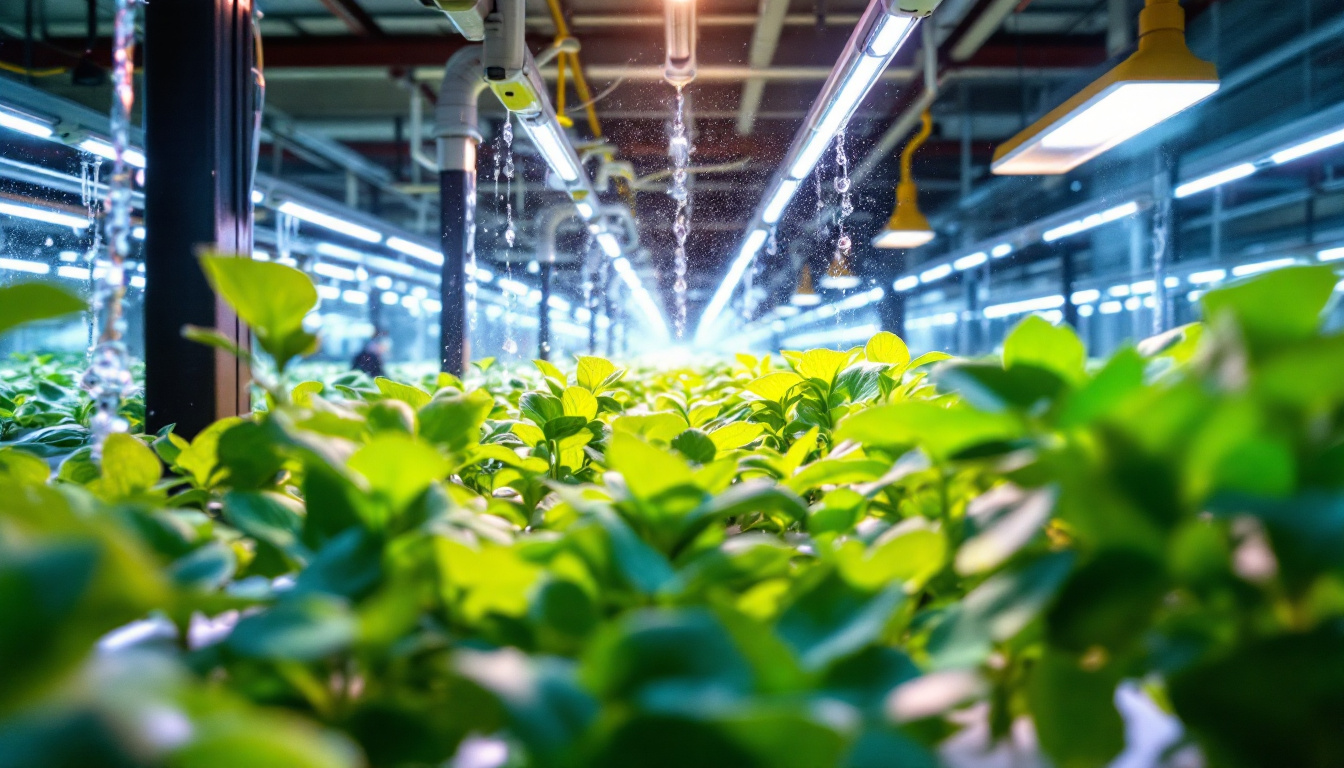 A photograph of a vibrant hydroponic farm showcasing lush green plants growing in a high-tech