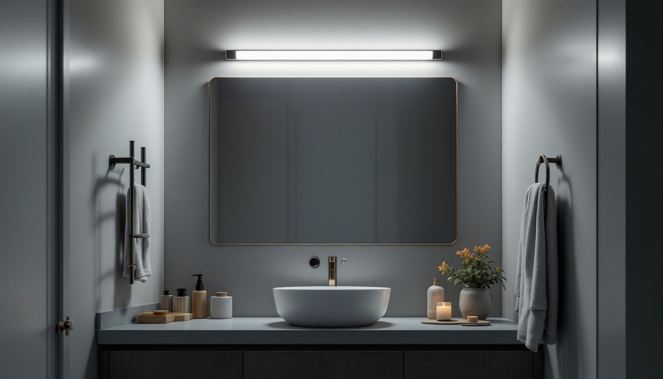 A photograph of a beautifully designed monument fluorescent vanity light in a modern bathroom setting