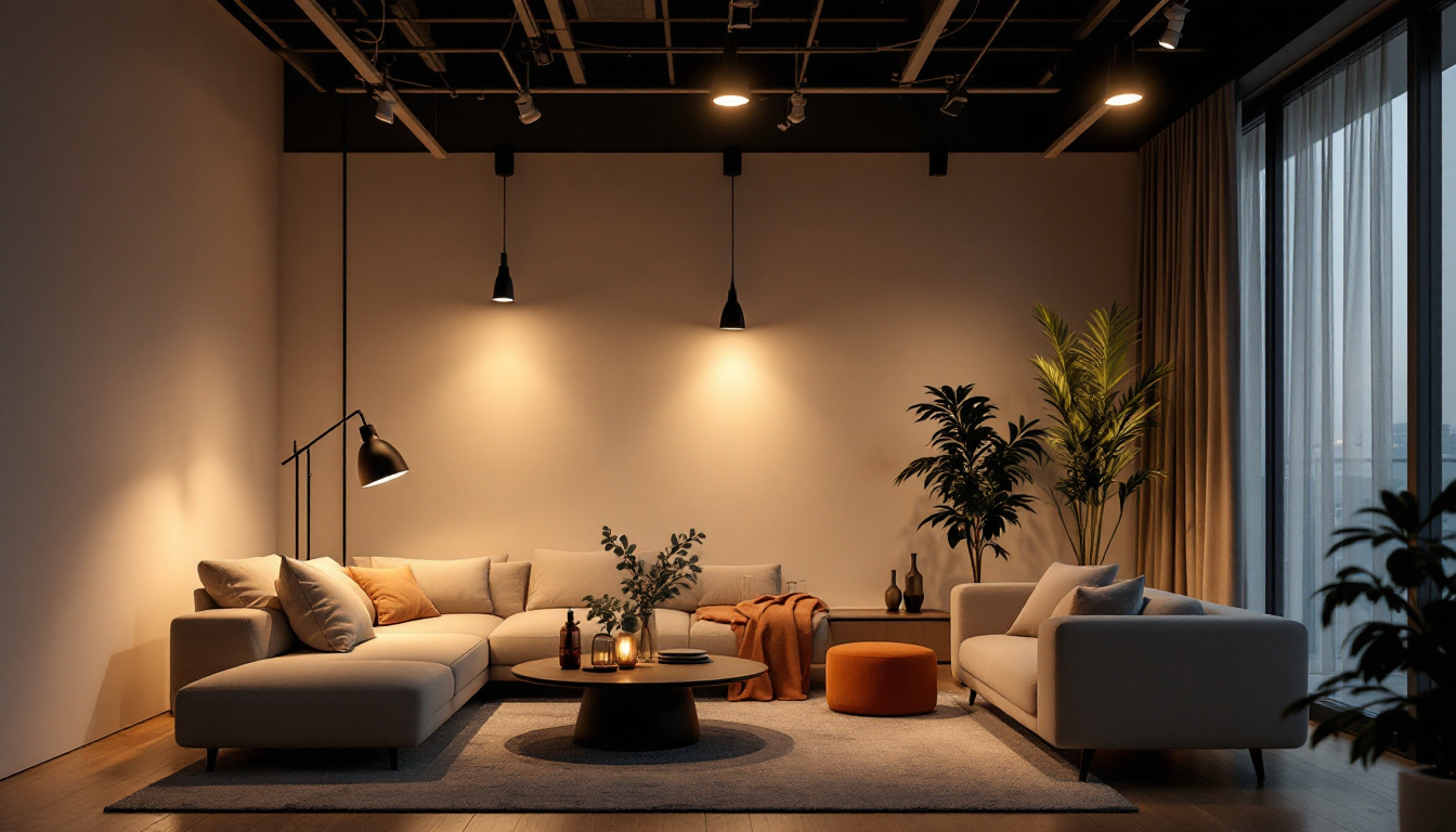 A photograph of a modern residential or commercial space showcasing various lighting connections in use