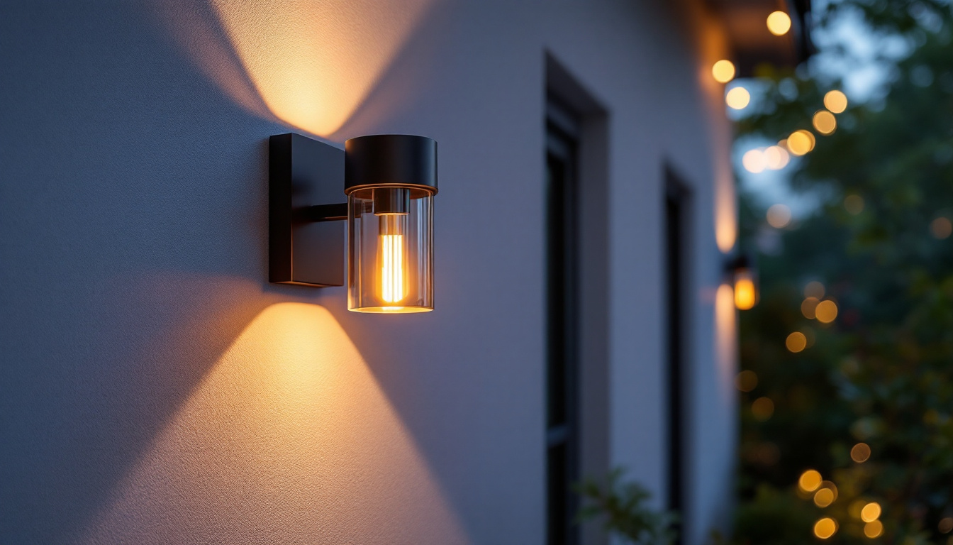 A photograph of a beautifully designed exterior wall sconce illuminating a cozy outdoor space at dusk