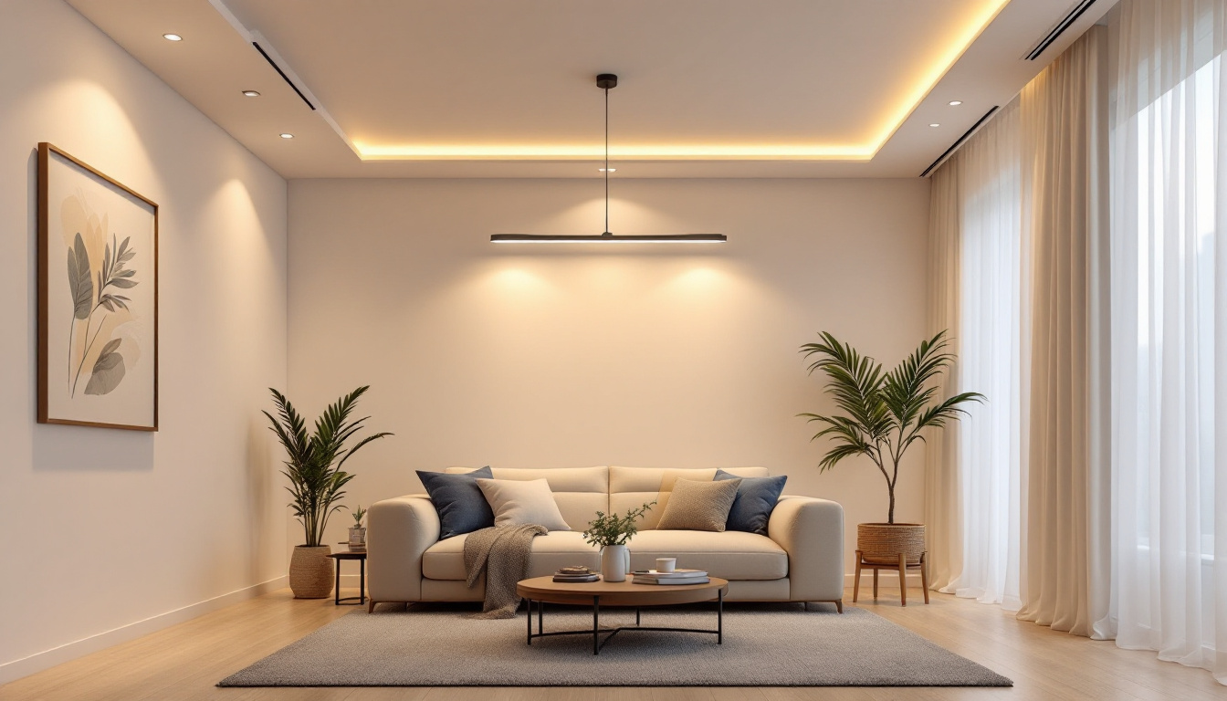 A photograph of a modern living space featuring stylish ceiling lights that enhance the ambiance