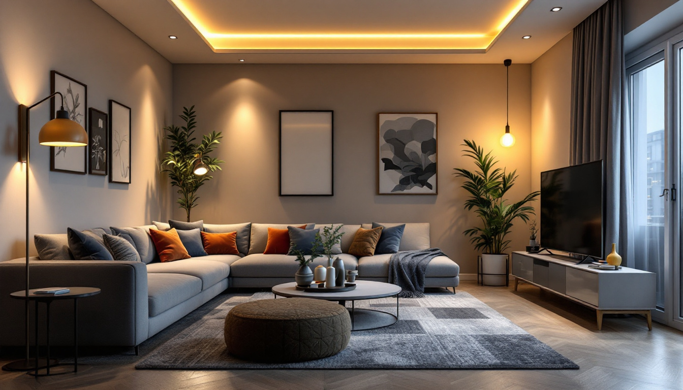 A photograph of a well-lit modern living space featuring various types of led lighting fixtures