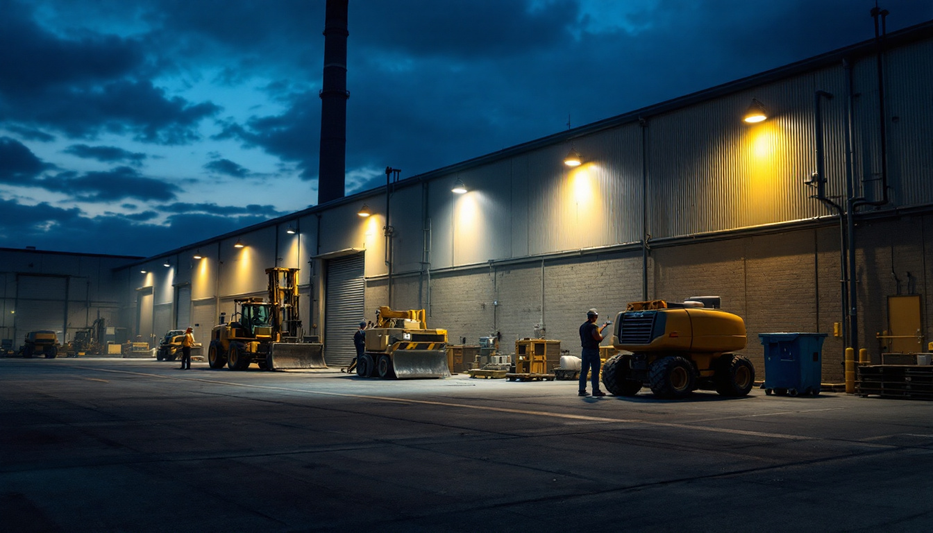 A photograph of a well-lit industrial or commercial space at dusk