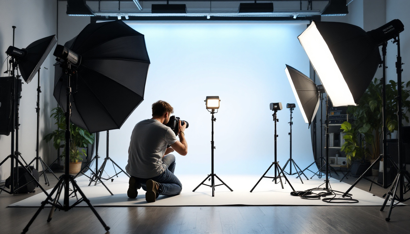 A photograph of a well-lit photography studio showcasing various types of light housing equipment