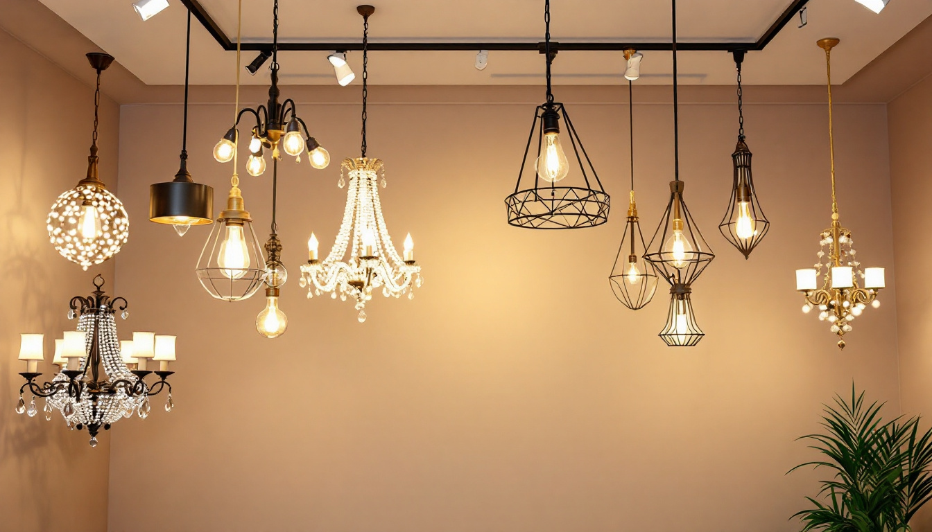 A photograph of a beautifully arranged display of various shop chandeliers in an elegant showroom setting