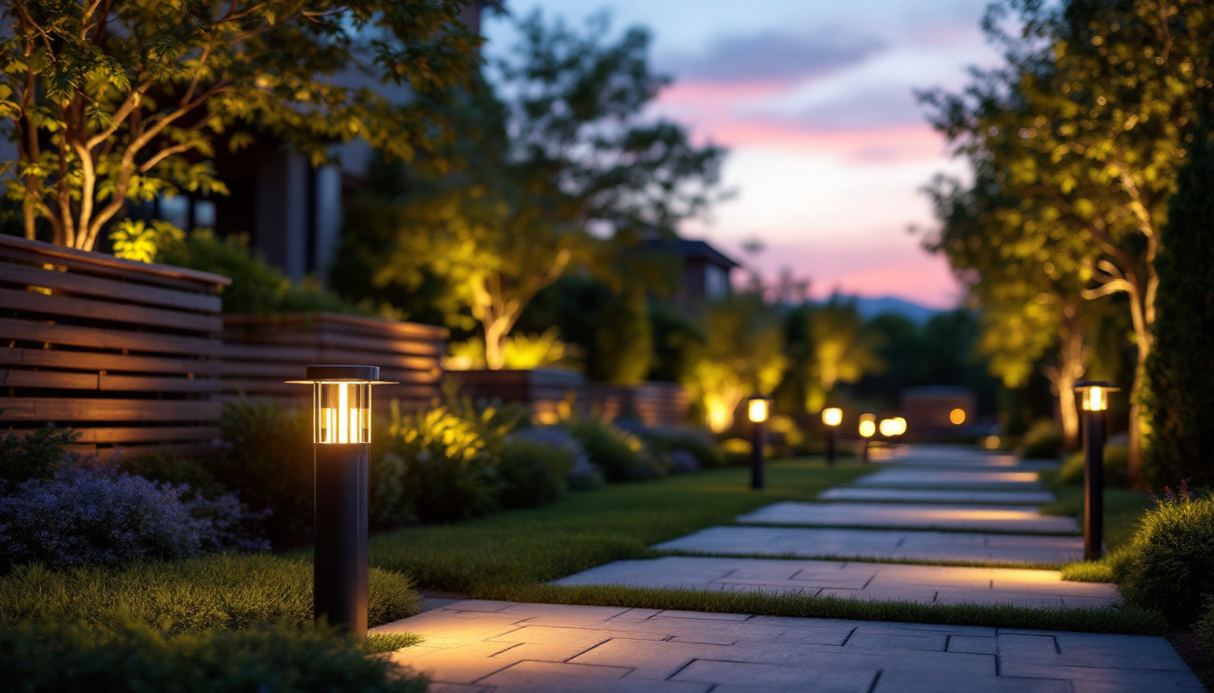 A photograph of a beautifully illuminated outdoor space featuring various landscape lighting connectors in use