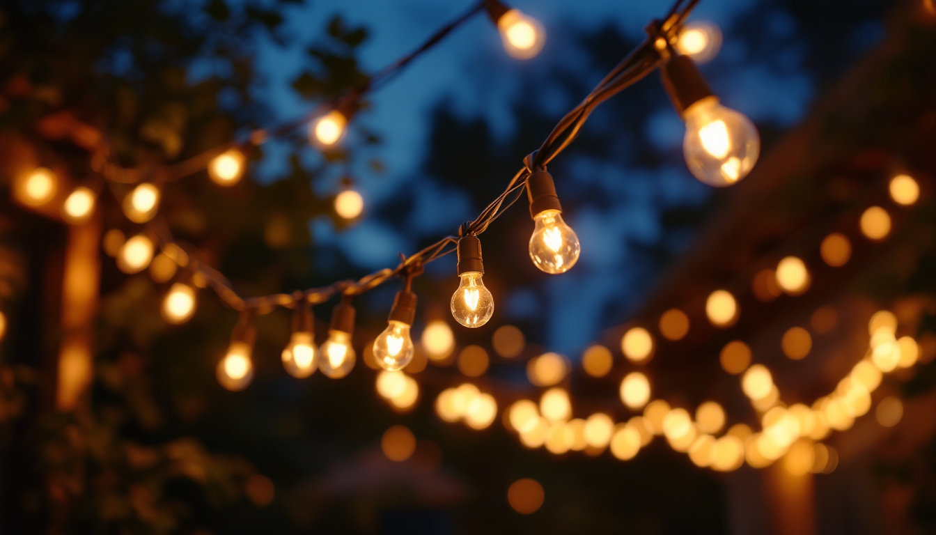 A photograph of capture a photograph of a beautifully lit outdoor setting featuring construction string lights draped elegantly across a backyard or patio