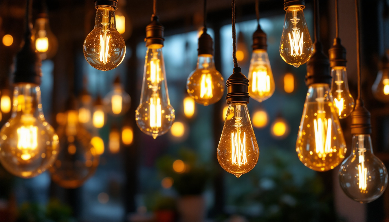 A photograph of a beautifully arranged display of unique hanging light bulbs in various styles and designs